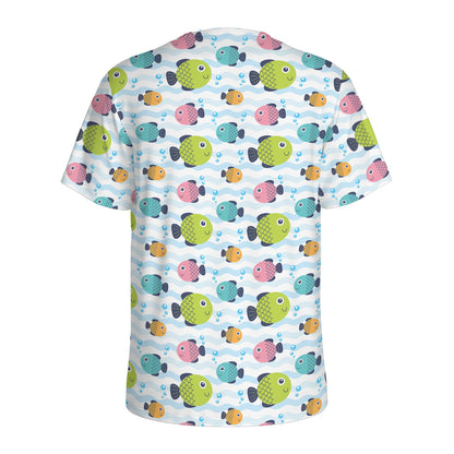 Cartoon Fish Pattern Print Men's Sports T-Shirt