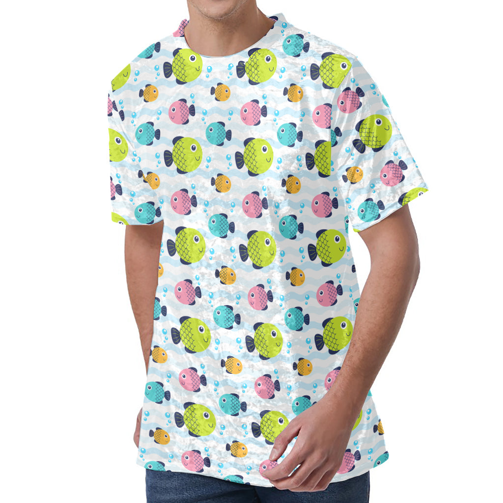 Cartoon Fish Pattern Print Men's Velvet T-Shirt