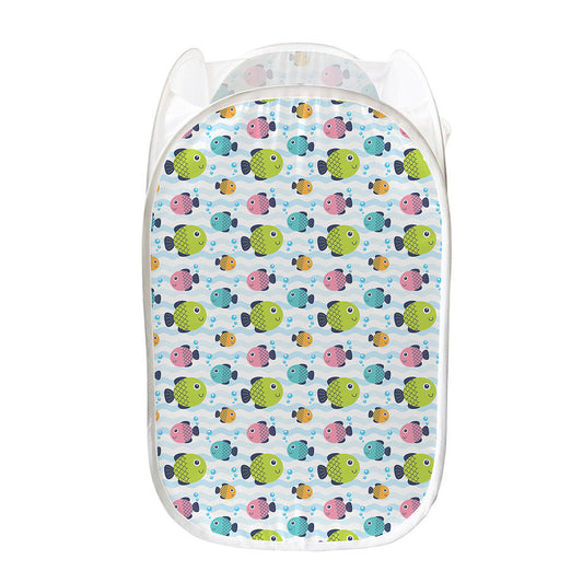 Cartoon Fish Pattern Print Mesh Laundry Hamper
