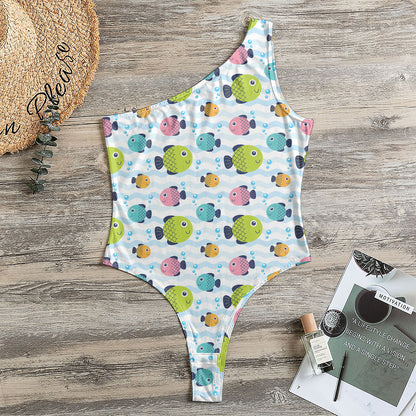 Cartoon Fish Pattern Print One Shoulder Bodysuit