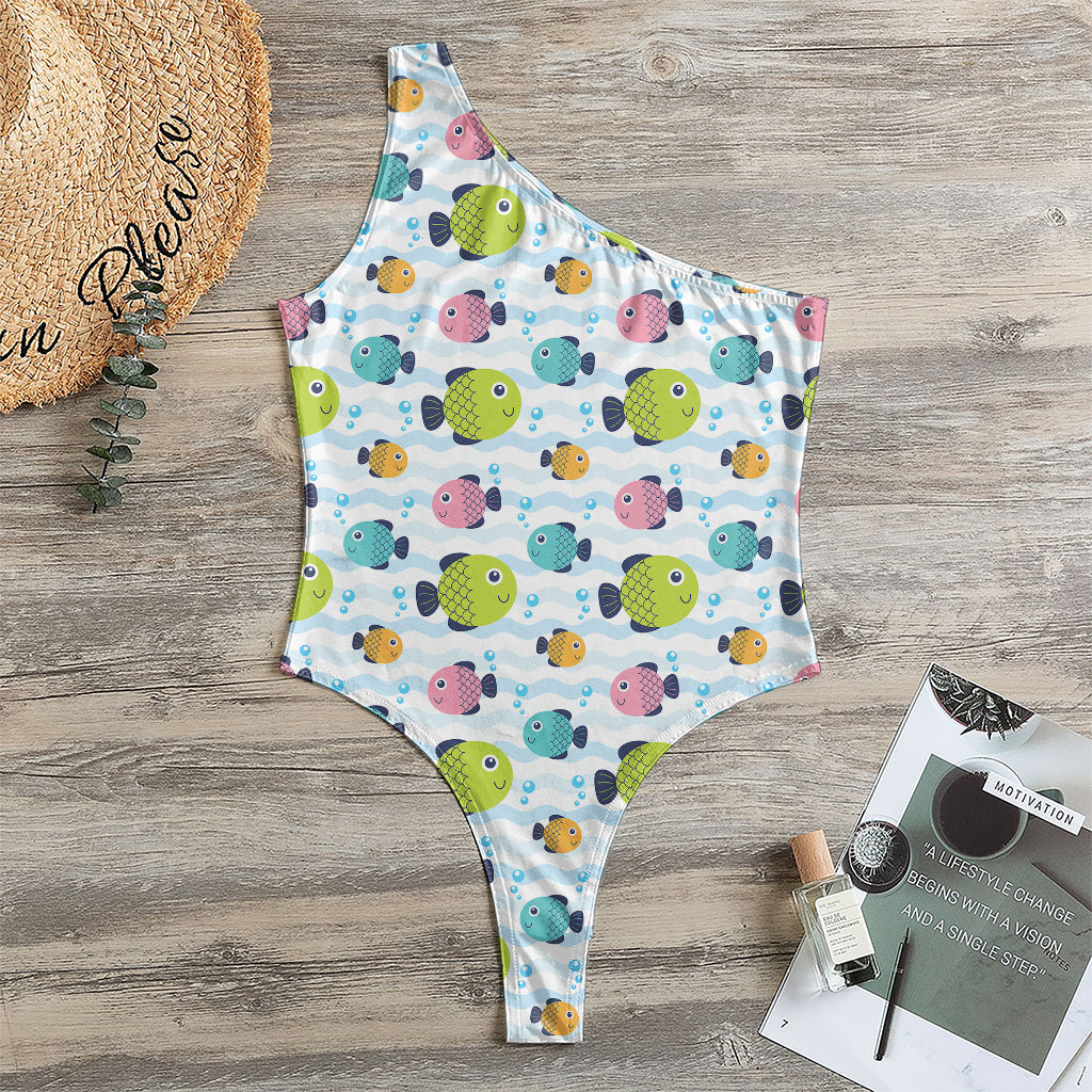 Cartoon Fish Pattern Print One Shoulder Bodysuit