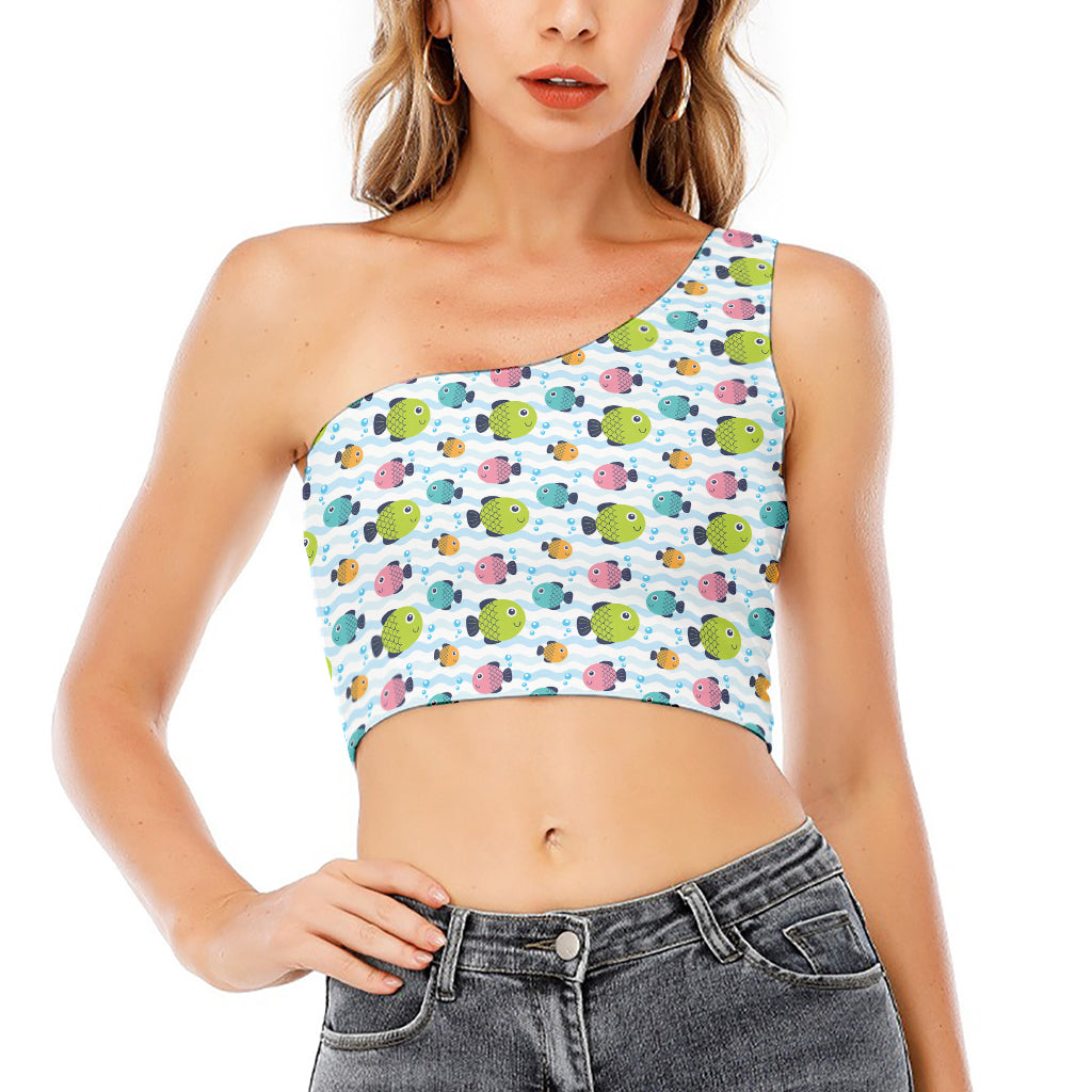 Cartoon Fish Pattern Print One Shoulder Crop Top