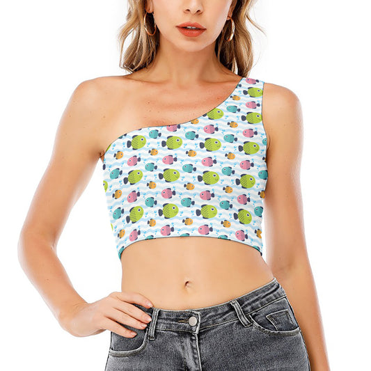 Cartoon Fish Pattern Print One Shoulder Crop Top