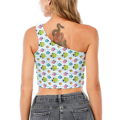 Cartoon Fish Pattern Print One Shoulder Crop Top