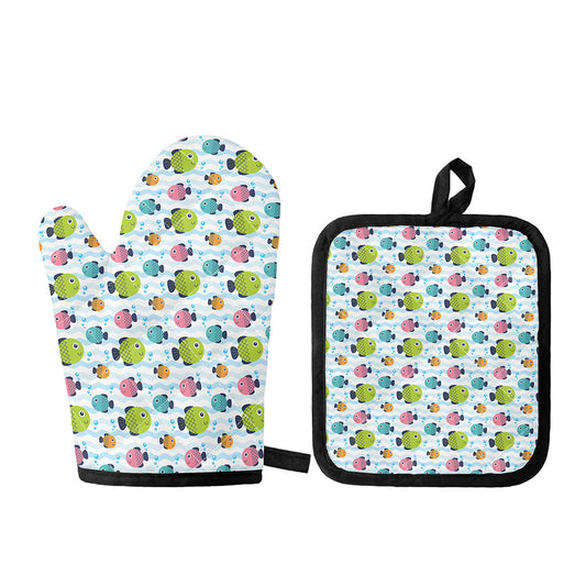 Cartoon Fish Pattern Print Oven Mitt And Pot Holder Set