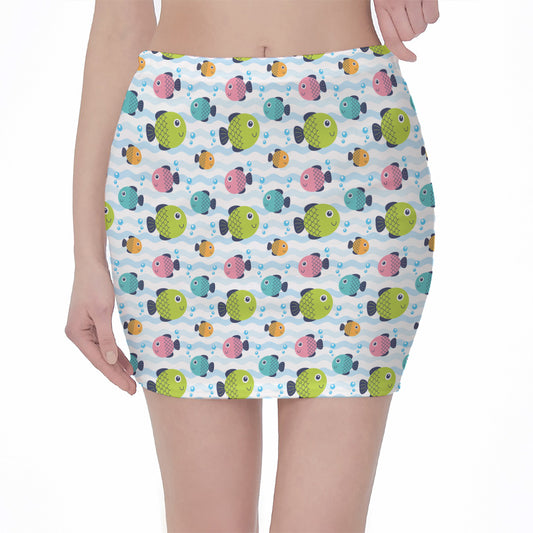 Cartoon Fish Pattern Print Pencil Mini Skirt