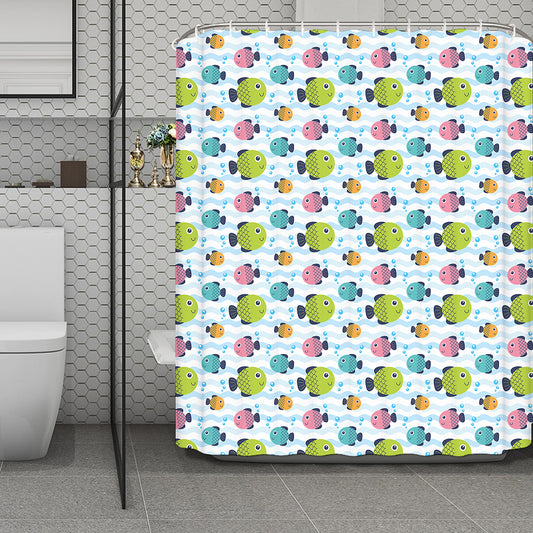 Cartoon Fish Pattern Print Polyester Shower Curtain