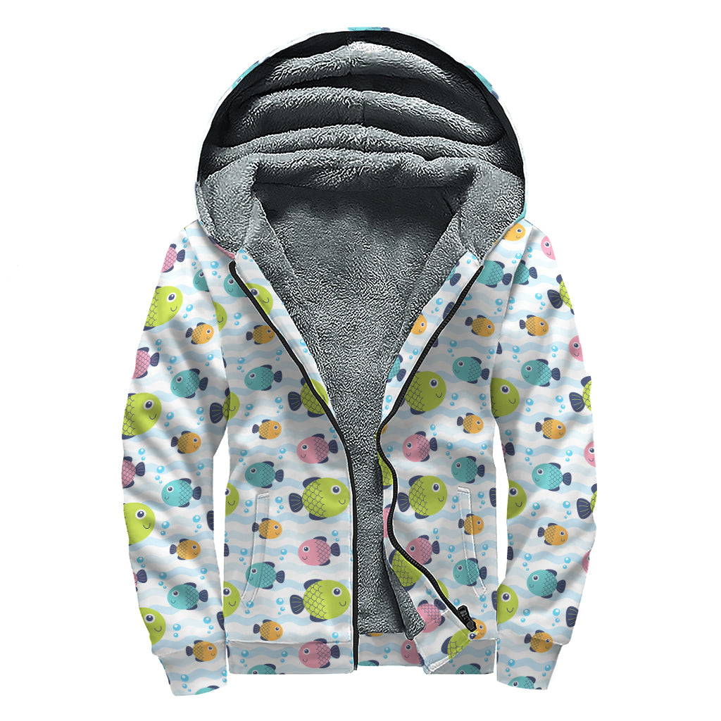 Cartoon Fish Pattern Print Sherpa Lined Zip Up Hoodie