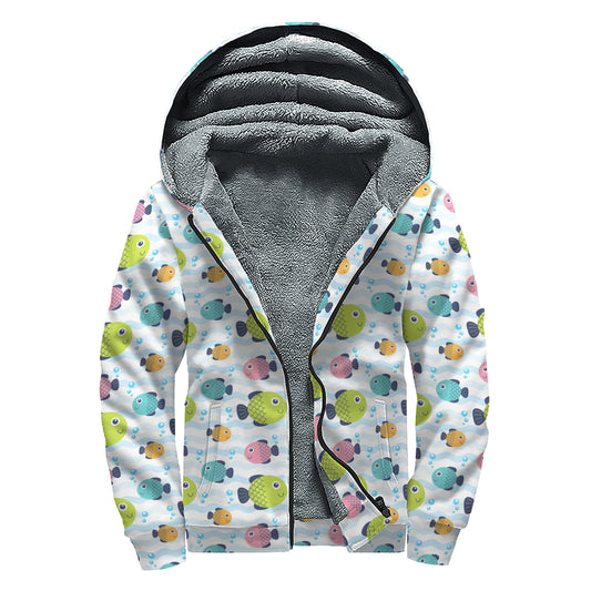 Cartoon Fish Pattern Print Sherpa Lined Zip Up Hoodie