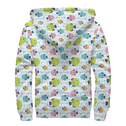 Cartoon Fish Pattern Print Sherpa Lined Zip Up Hoodie