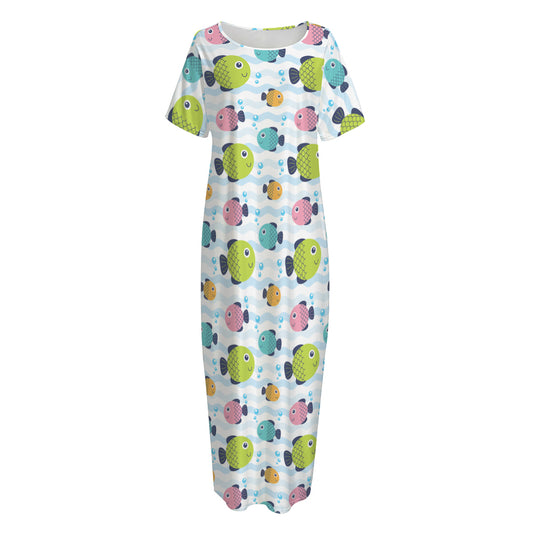Cartoon Fish Pattern Print Short Sleeve Long Nightdress