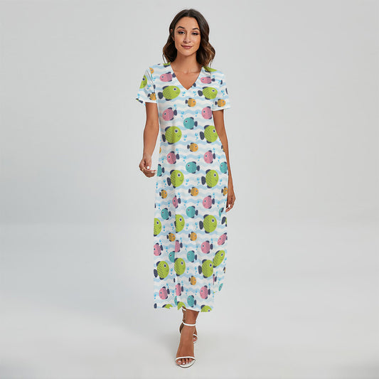 Cartoon Fish Pattern Print Short Sleeve Maxi Dress