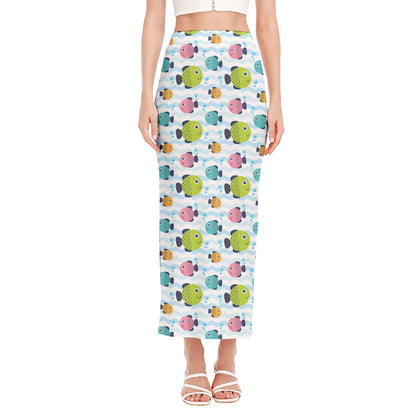 Cartoon Fish Pattern Print Side Slit Maxi Skirt