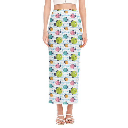 Cartoon Fish Pattern Print Side Slit Maxi Skirt