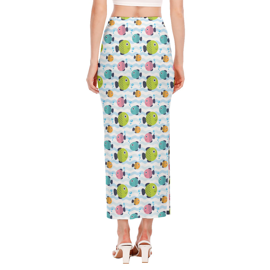 Cartoon Fish Pattern Print Side Slit Maxi Skirt