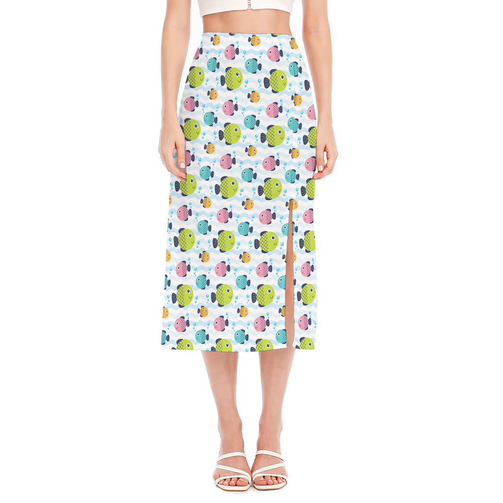 Cartoon Fish Pattern Print Side Slit Midi Skirt