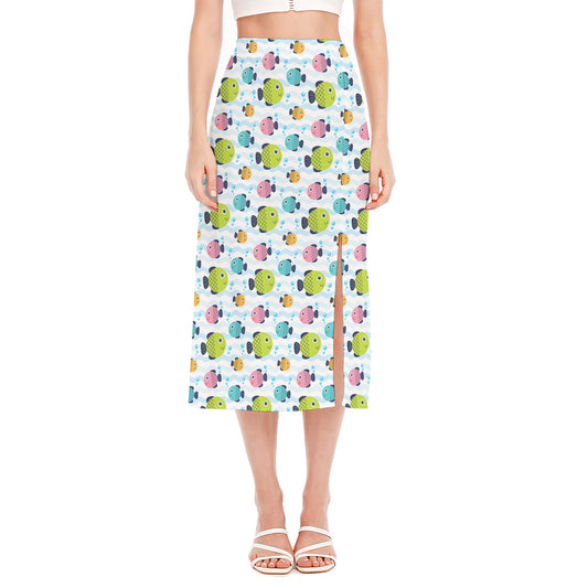 Cartoon Fish Pattern Print Side Slit Midi Skirt