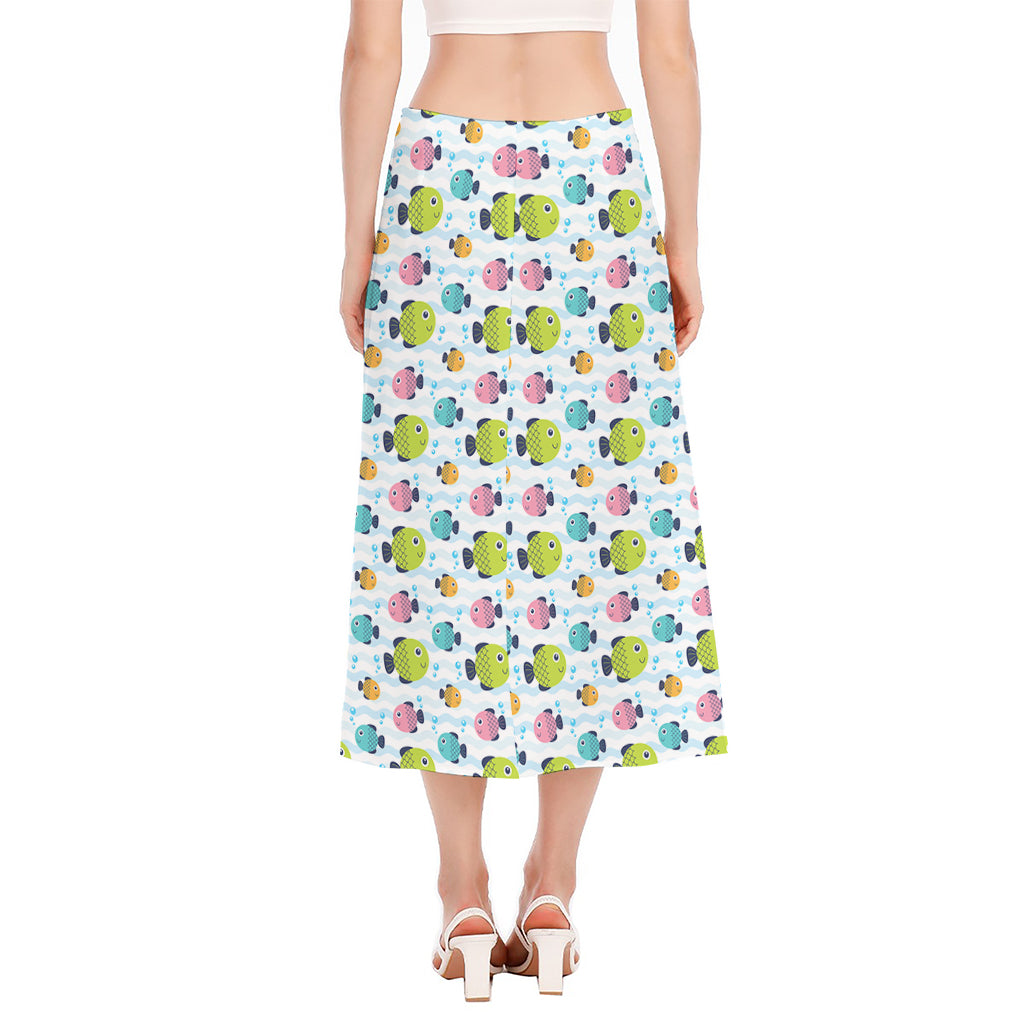 Cartoon Fish Pattern Print Side Slit Midi Skirt