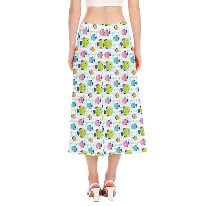 Cartoon Fish Pattern Print Side Slit Midi Skirt