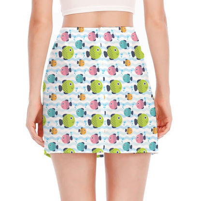 Cartoon Fish Pattern Print Side Slit Mini Skirt