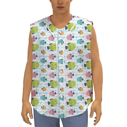 Cartoon Fish Pattern Print Sleeveless Baseball Jersey