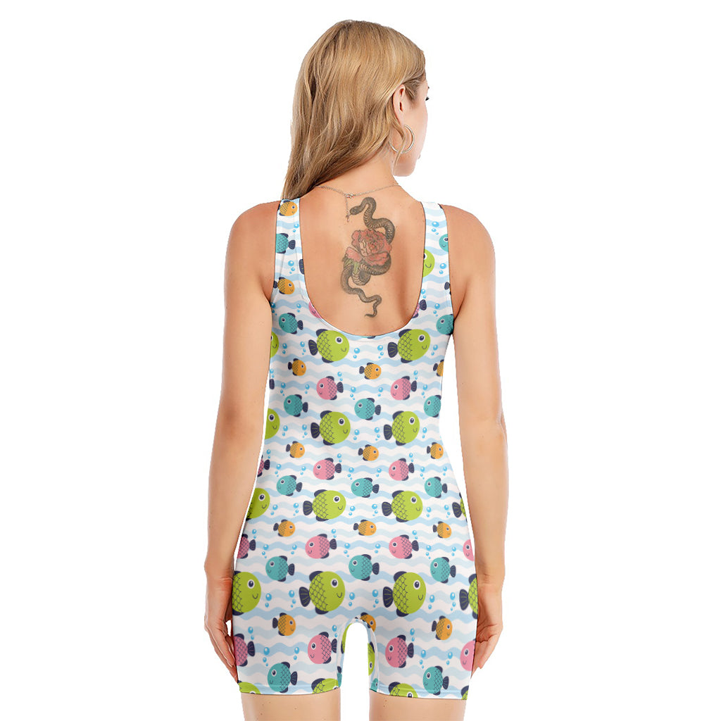 Cartoon Fish Pattern Print Sleeveless One Piece Swimsuit