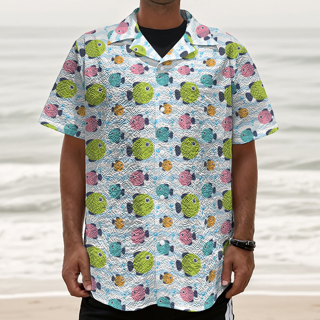 Cartoon Fish Pattern Print Textured Short Sleeve Shirt