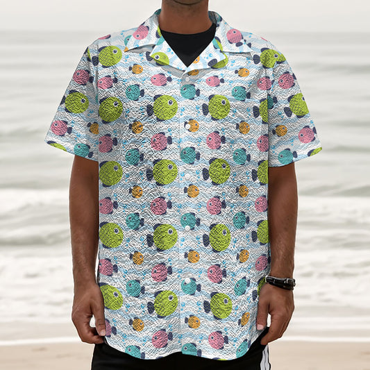 Cartoon Fish Pattern Print Textured Short Sleeve Shirt