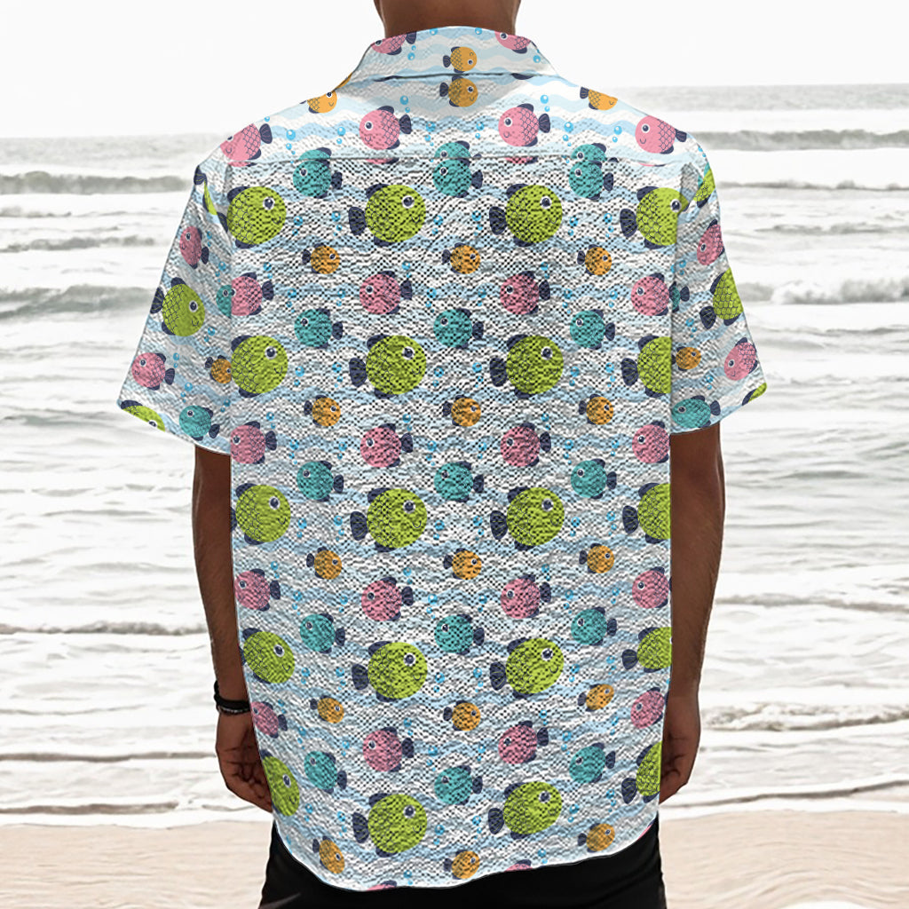 Cartoon Fish Pattern Print Textured Short Sleeve Shirt