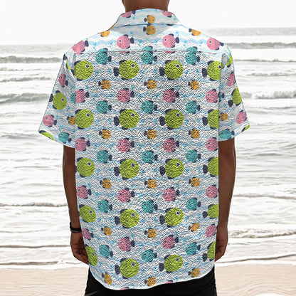 Cartoon Fish Pattern Print Textured Short Sleeve Shirt