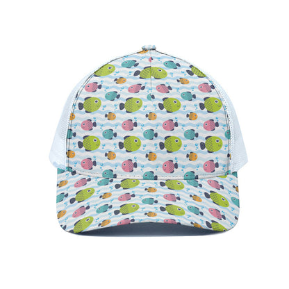 Cartoon Fish Pattern Print White Mesh Trucker Cap