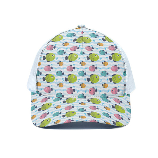 Cartoon Fish Pattern Print White Mesh Trucker Cap