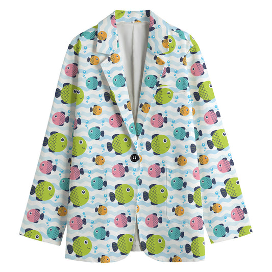 Cartoon Fish Pattern Print Women's Cotton Blazer