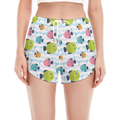 Cartoon Fish Pattern Print Women's Split Running Shorts