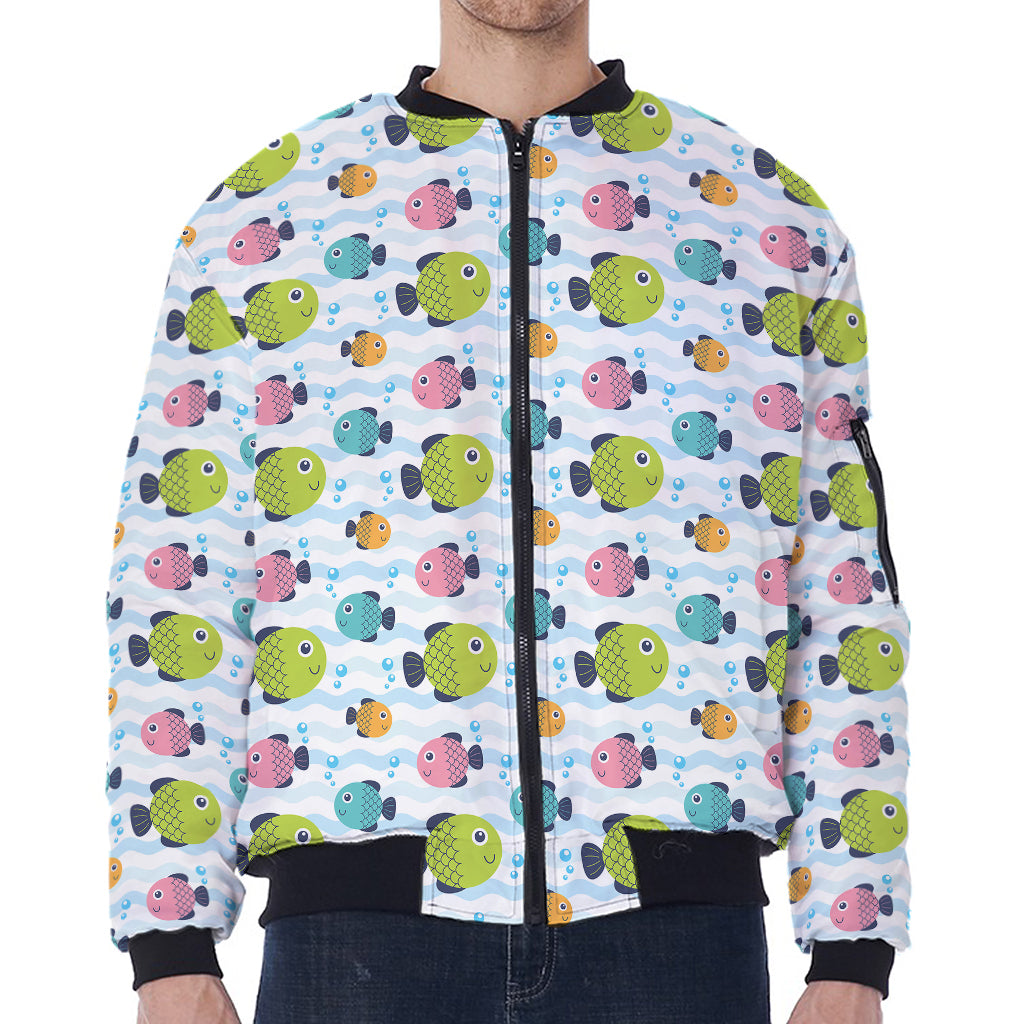 Cartoon Fish Pattern Print Zip Sleeve Bomber Jacket