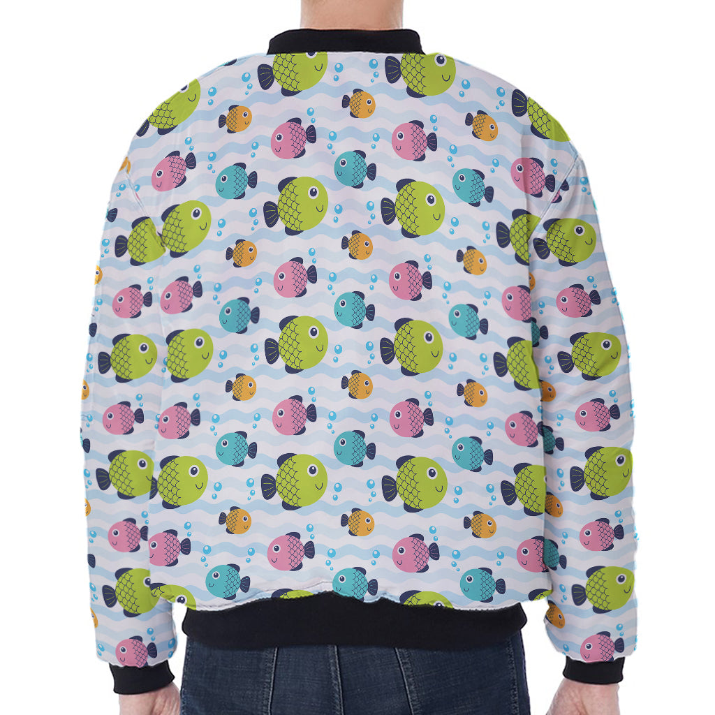 Cartoon Fish Pattern Print Zip Sleeve Bomber Jacket