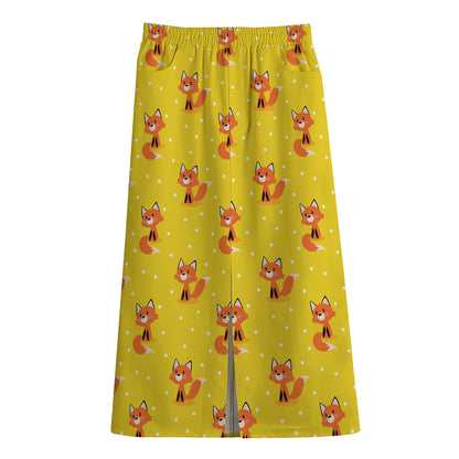 Cartoon Fox Pattern Print Cotton Front Slit Maxi Skirt