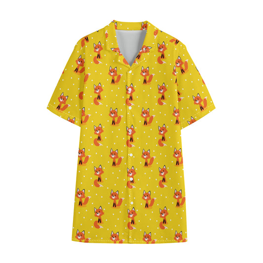 Cartoon Fox Pattern Print Cotton Hawaiian Shirt