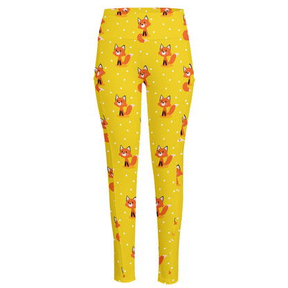 Cartoon Fox Pattern Print High-Waisted Pocket Leggings