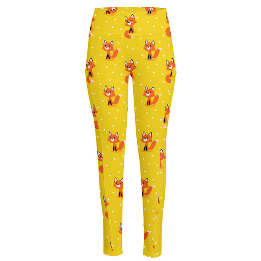Cartoon Fox Pattern Print High-Waisted Pocket Leggings