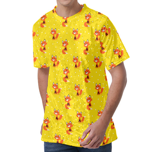 Cartoon Fox Pattern Print Men's Velvet T-Shirt
