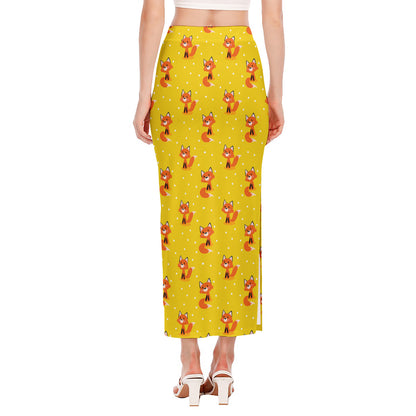 Cartoon Fox Pattern Print Side Slit Maxi Skirt