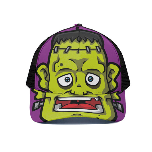 Cartoon Frankenstein Print Black Mesh Trucker Cap