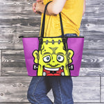 Cartoon Frankenstein Print Leather Tote Bag