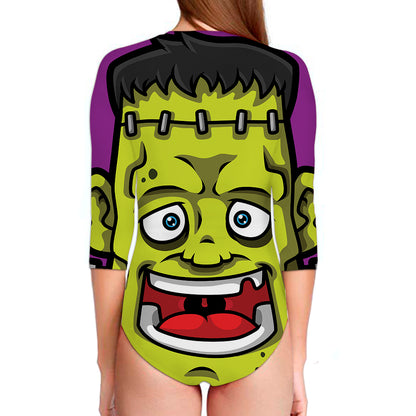 Cartoon Frankenstein Print Long Sleeve Swimsuit