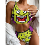 Cartoon Frankenstein Print One Shoulder Bikini Top