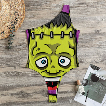 Cartoon Frankenstein Print One Shoulder Bodysuit