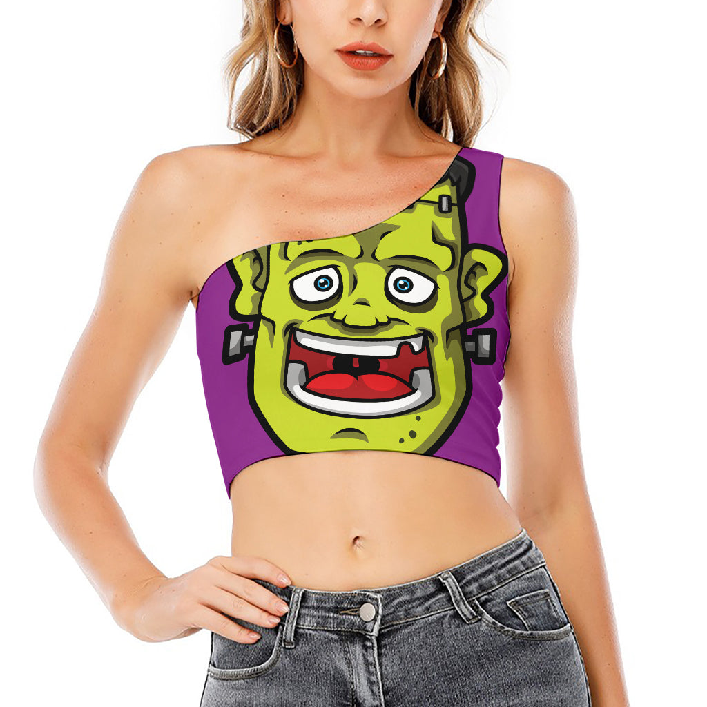 Cartoon Frankenstein Print One Shoulder Crop Top