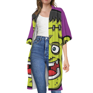 Cartoon Frankenstein Print Open Front Beach Cover Up