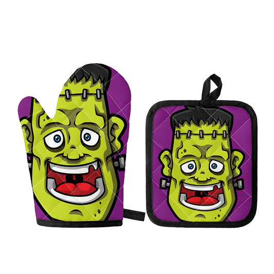 Cartoon Frankenstein Print Oven Mitt And Pot Holder Set